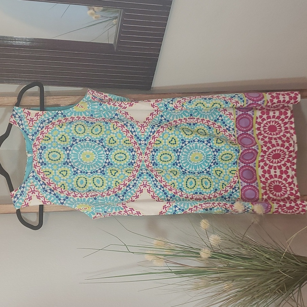 London Times Cream Dress with Blue, Turquoise & Pink Medallion Print